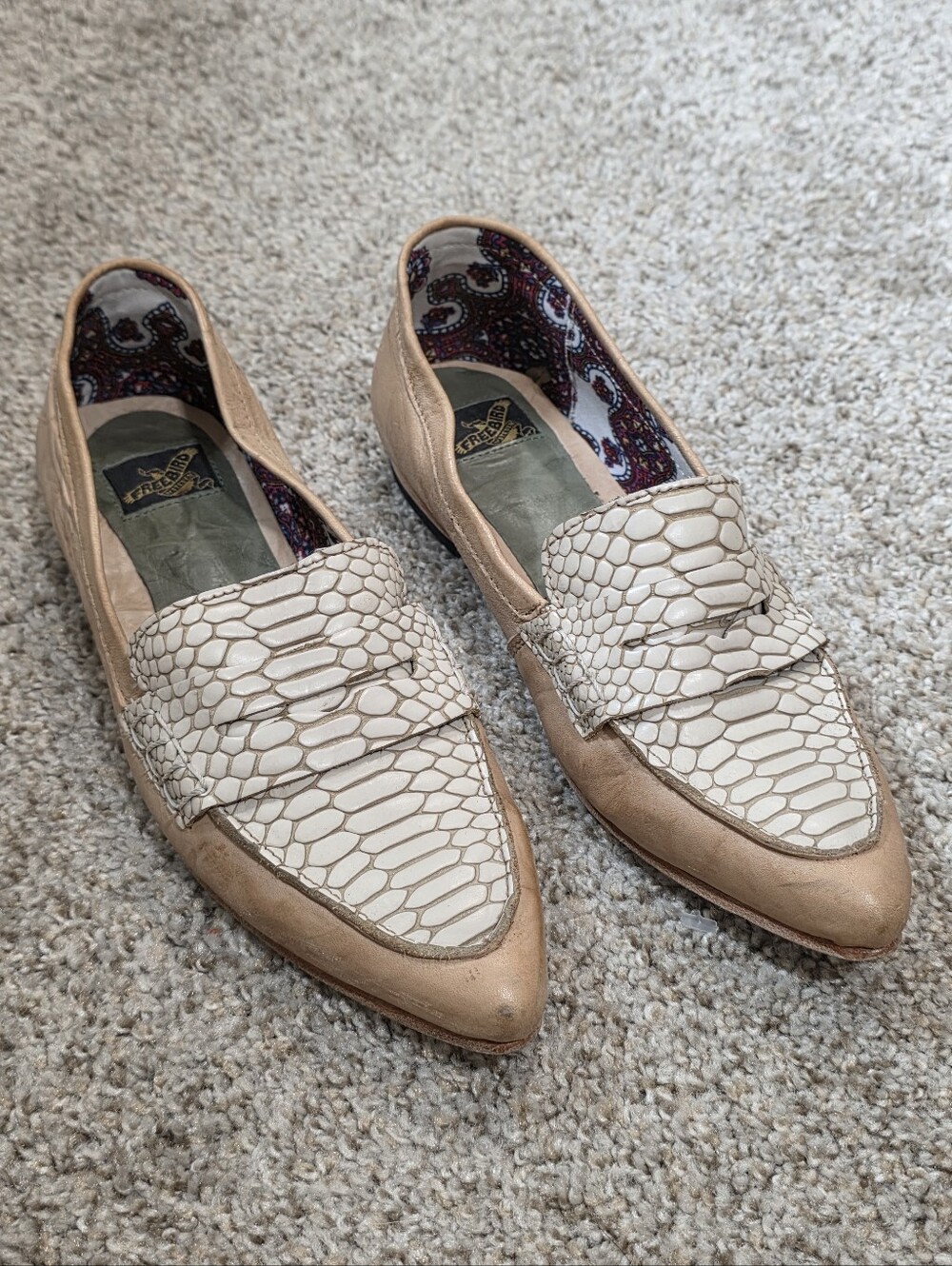 Freebird by Steven Beige Croc-Embossed Pointed Loafers